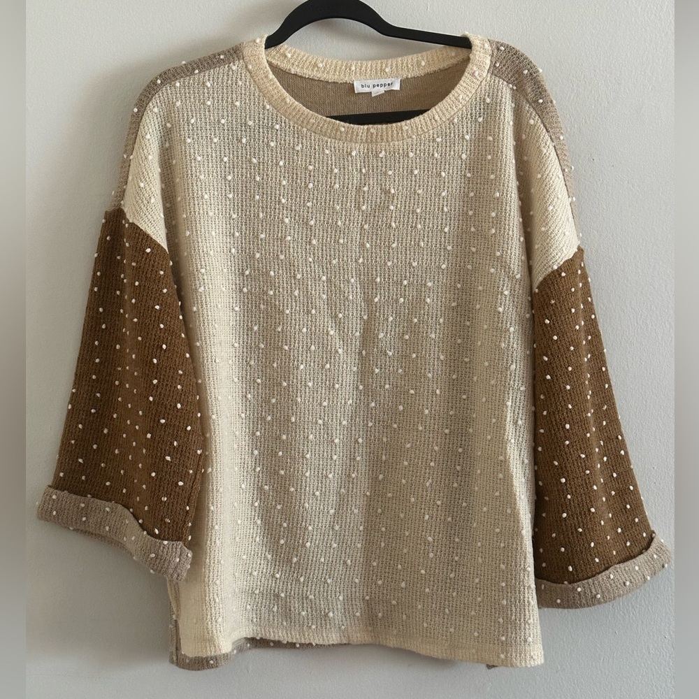 Blu Pepper Brown Beige Polka Dot Sweater Top Size Large